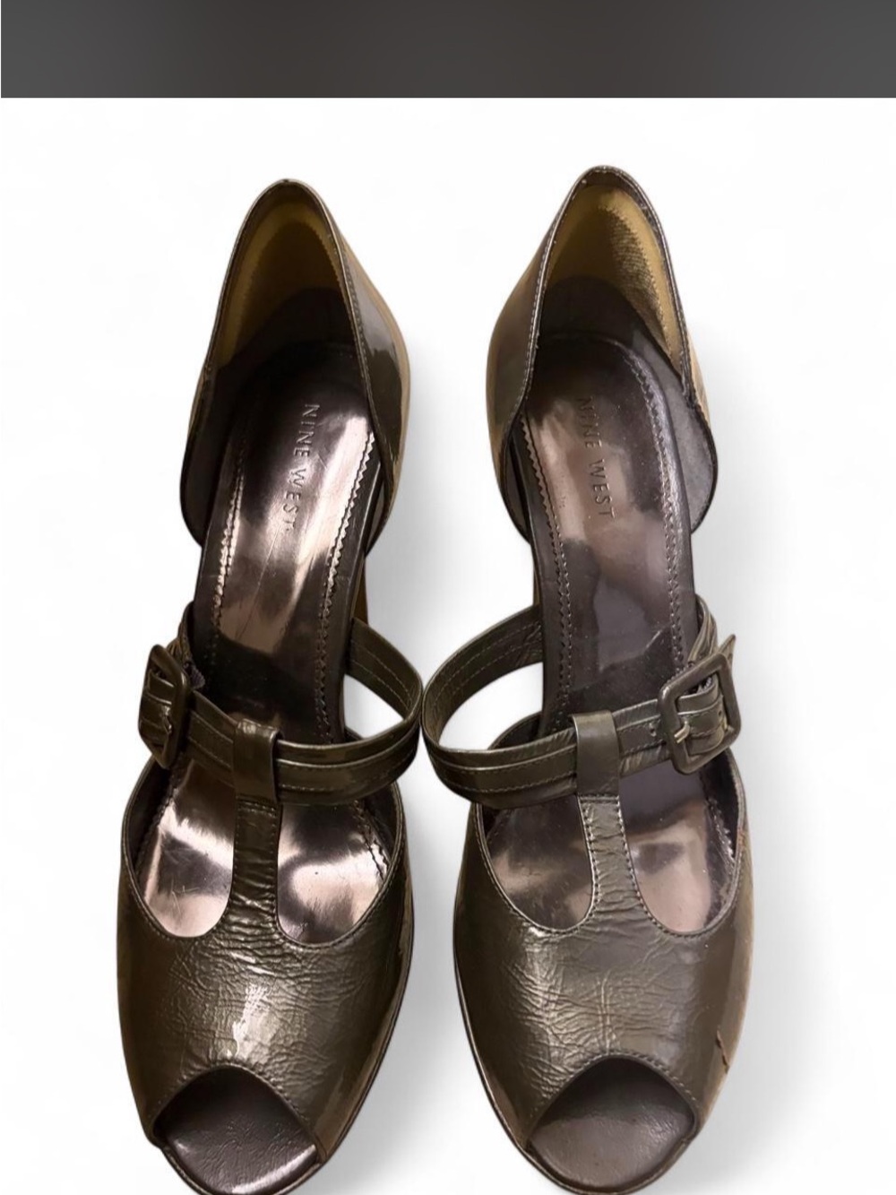 Nine West Olive Green Peep-Toe Mary Jane Heels with Buckle Strap